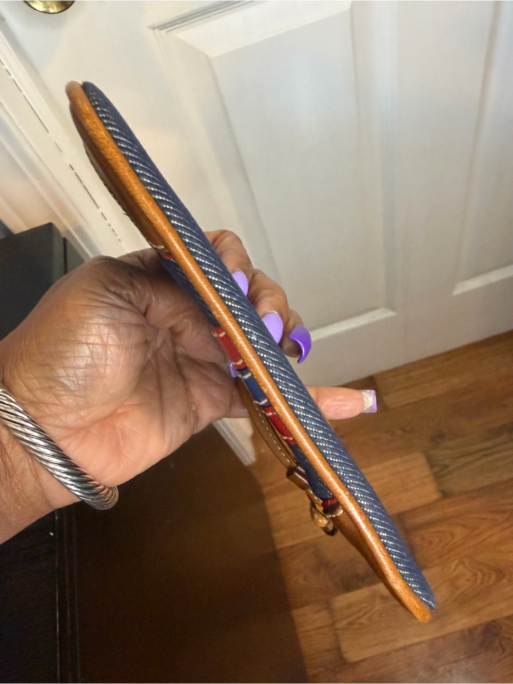Coach Denim Wristlet with Tan Leather and Red Stripe Y2K - Picture 6 of 10